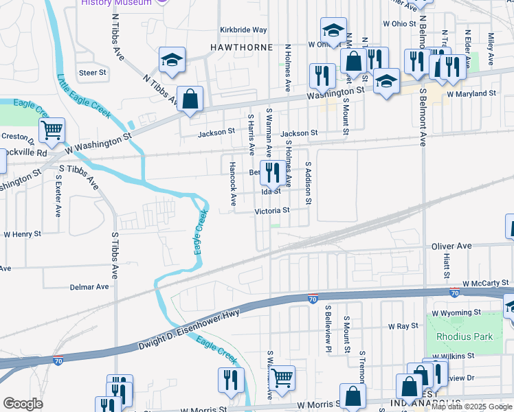 map of restaurants, bars, coffee shops, grocery stores, and more near 425 South Harris Avenue in Indianapolis