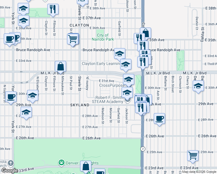 map of restaurants, bars, coffee shops, grocery stores, and more near 3540 East 31st Avenue in Denver