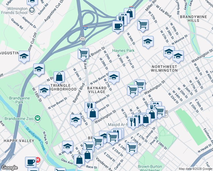 map of restaurants, bars, coffee shops, grocery stores, and more near 602 West 27th Street in Wilmington