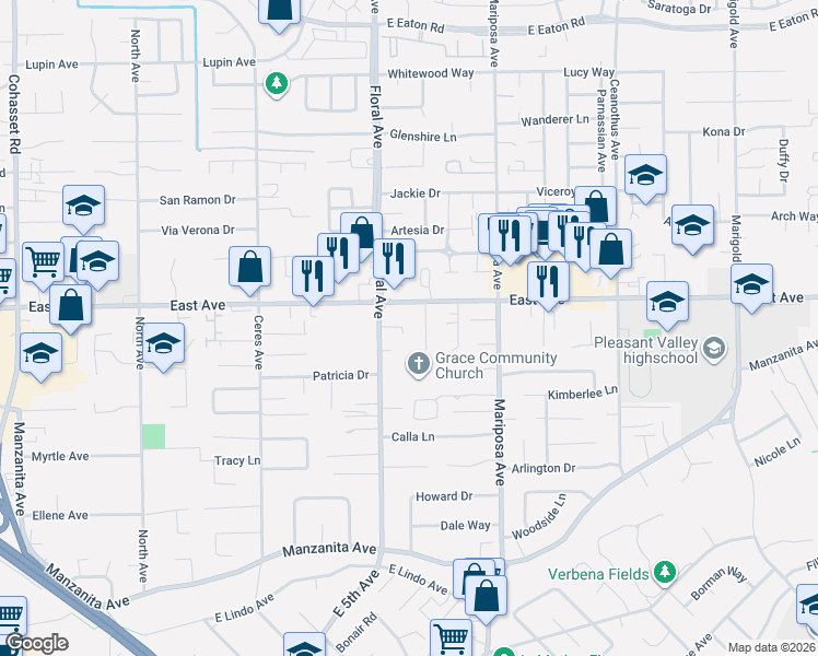 map of restaurants, bars, coffee shops, grocery stores, and more near 2444 Floral Avenue in Chico