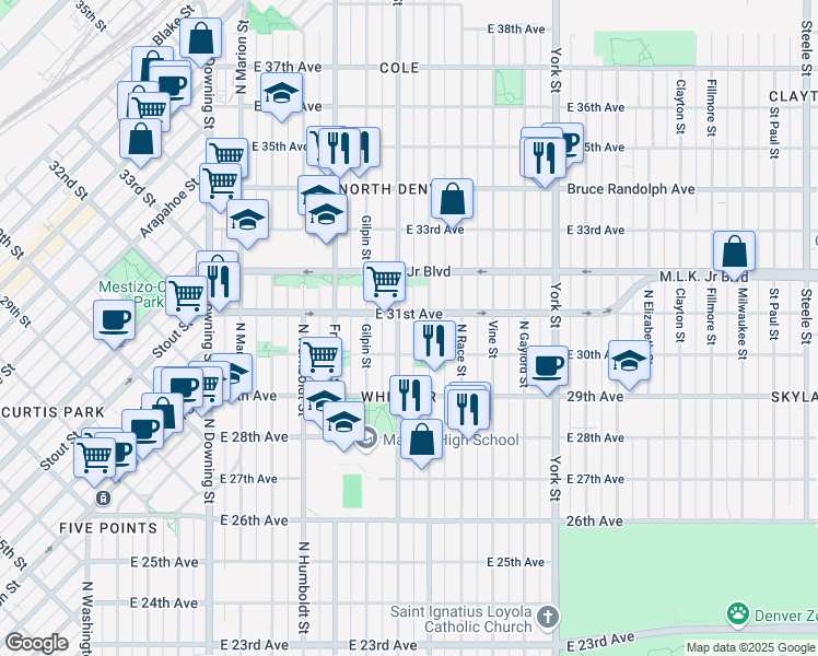 map of restaurants, bars, coffee shops, grocery stores, and more near 1810 East 31st Avenue in Denver