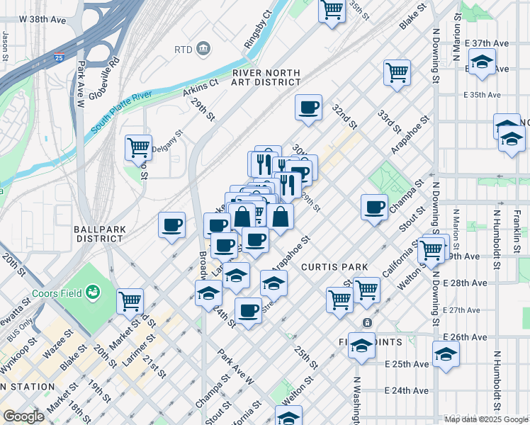 map of restaurants, bars, coffee shops, grocery stores, and more near 2751 Larimer Street in Denver