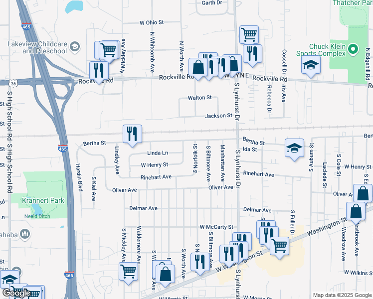 map of restaurants, bars, coffee shops, grocery stores, and more near 311 South Worth Avenue in Indianapolis