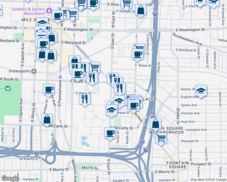 map of restaurants, bars, coffee shops, grocery stores, and more near 435 Virginia Avenue in Indianapolis