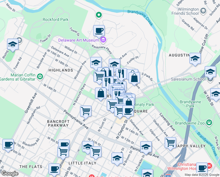map of restaurants, bars, coffee shops, grocery stores, and more near 1920 Gilpin Avenue in Wilmington