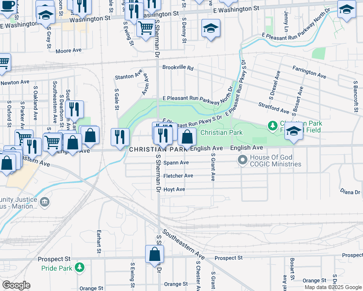 map of restaurants, bars, coffee shops, grocery stores, and more near 3848 English Avenue in Indianapolis