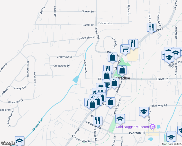 map of restaurants, bars, coffee shops, grocery stores, and more near 5893 Pine View Drive in Paradise