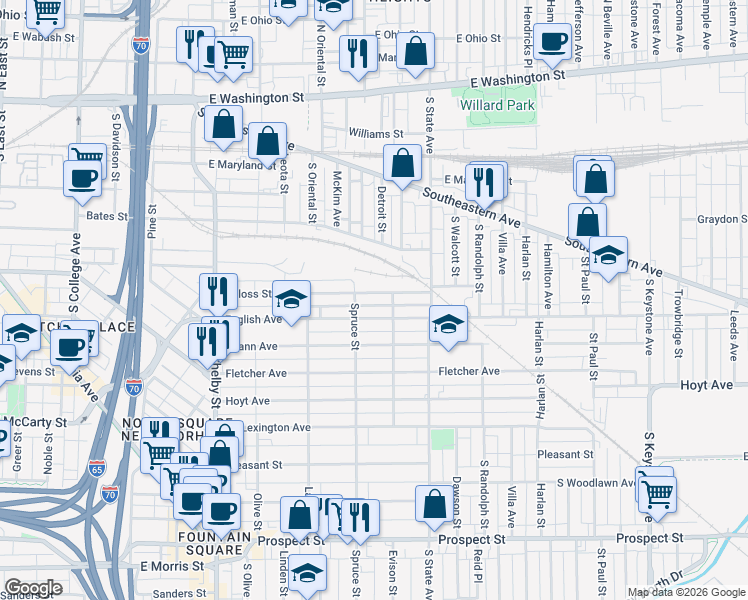map of restaurants, bars, coffee shops, grocery stores, and more near 1531 Deloss Street in Indianapolis