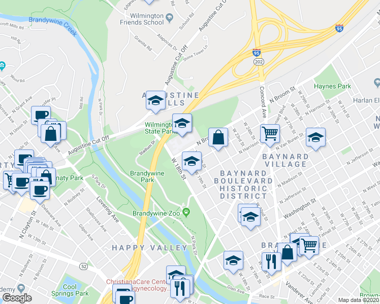 map of restaurants, bars, coffee shops, grocery stores, and more near 1904 North Broom Street in Wilmington