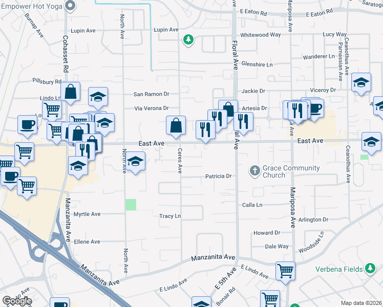 map of restaurants, bars, coffee shops, grocery stores, and more near 30 Casa Del Rey Court in Chico