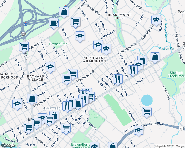 map of restaurants, bars, coffee shops, grocery stores, and more near 3300 Washington Street in Wilmington