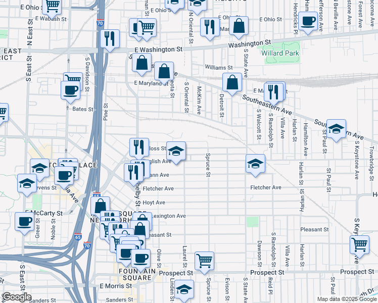map of restaurants, bars, coffee shops, grocery stores, and more near 1326 Deloss Street in Indianapolis