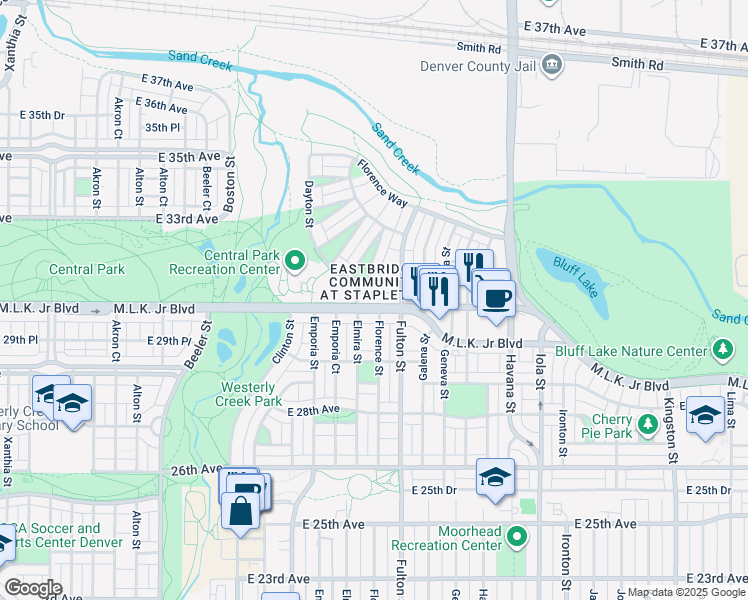 map of restaurants, bars, coffee shops, grocery stores, and more near 10066 East 31st Avenue in Denver
