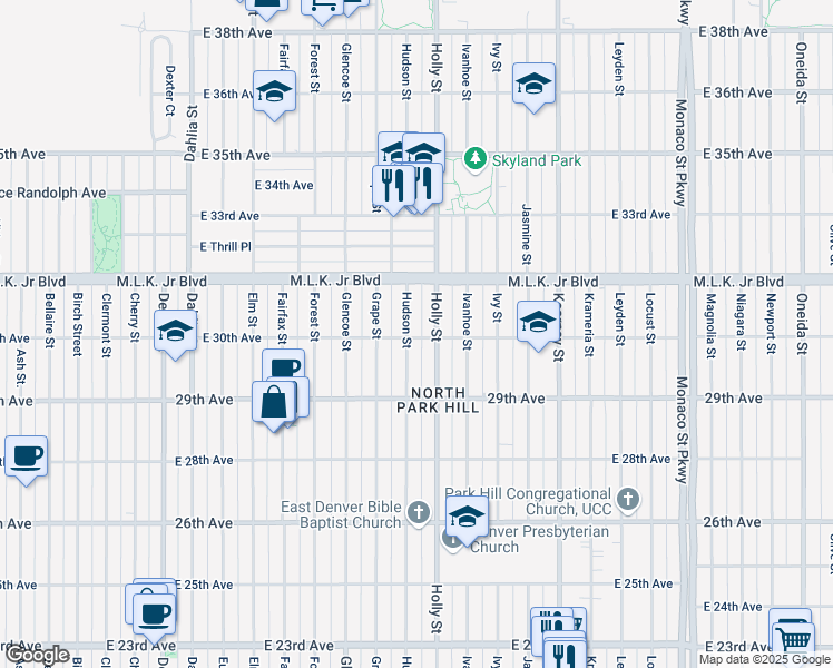 map of restaurants, bars, coffee shops, grocery stores, and more near 3013 Hudson Street in Denver