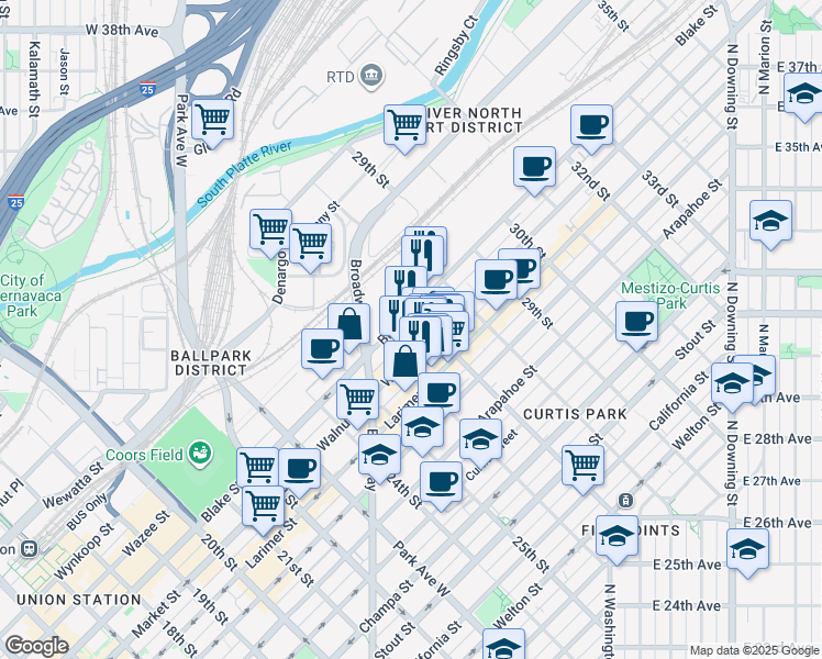 map of restaurants, bars, coffee shops, grocery stores, and more near 10 Blake Street in Denver