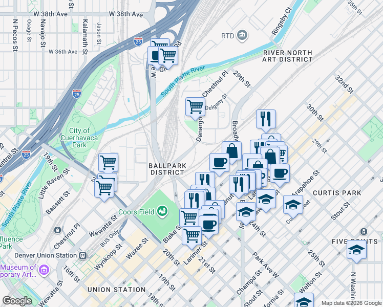 map of restaurants, bars, coffee shops, grocery stores, and more near 2430 Delgany Street in Denver