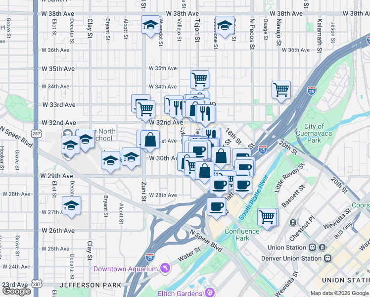 map of restaurants, bars, coffee shops, grocery stores, and more near 2102 West 31st Avenue in Denver