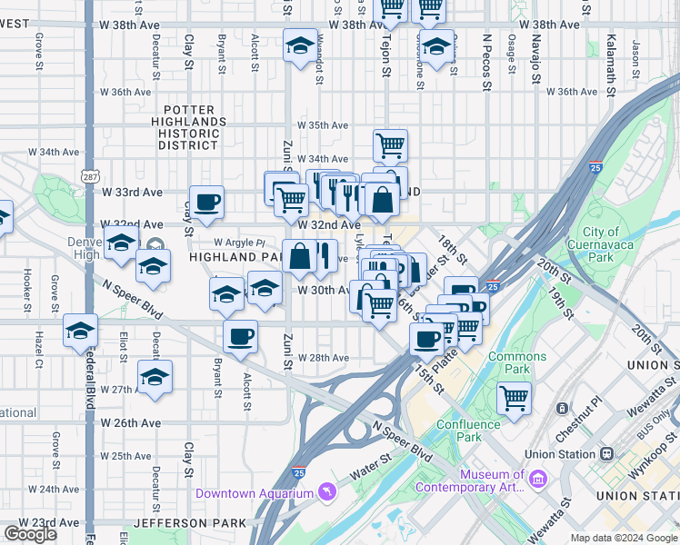 map of restaurants, bars, coffee shops, grocery stores, and more near 3039 Vallejo Street in Denver