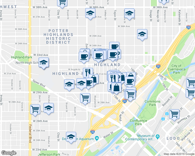 map of restaurants, bars, coffee shops, grocery stores, and more near 3039 Vallejo Street in Denver