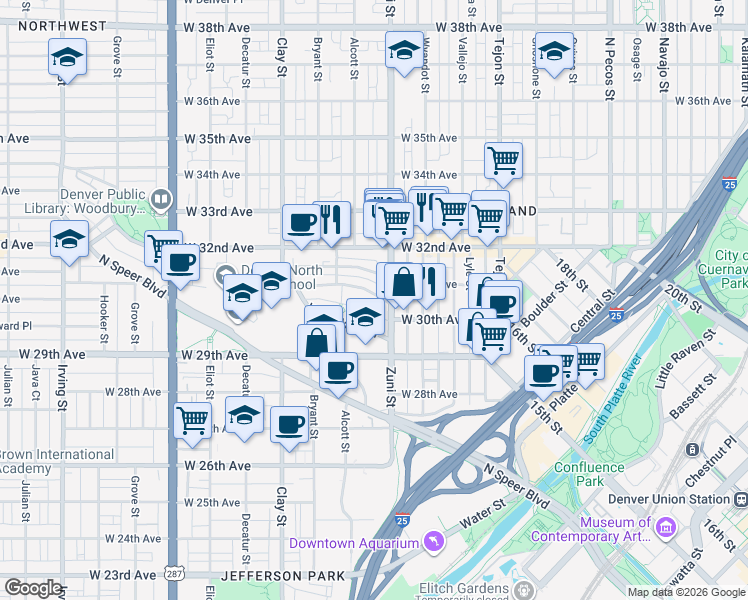 map of restaurants, bars, coffee shops, grocery stores, and more near in Denver