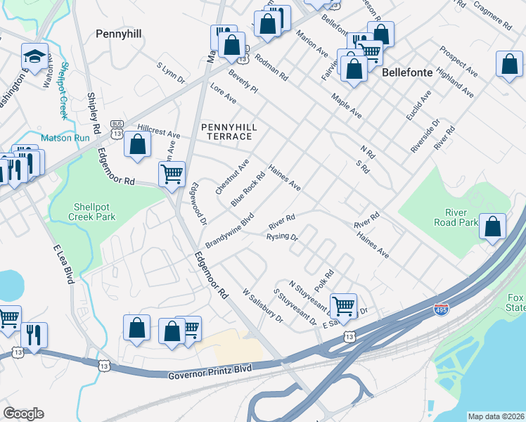 map of restaurants, bars, coffee shops, grocery stores, and more near 192 Brandywine Boulevard in Wilmington