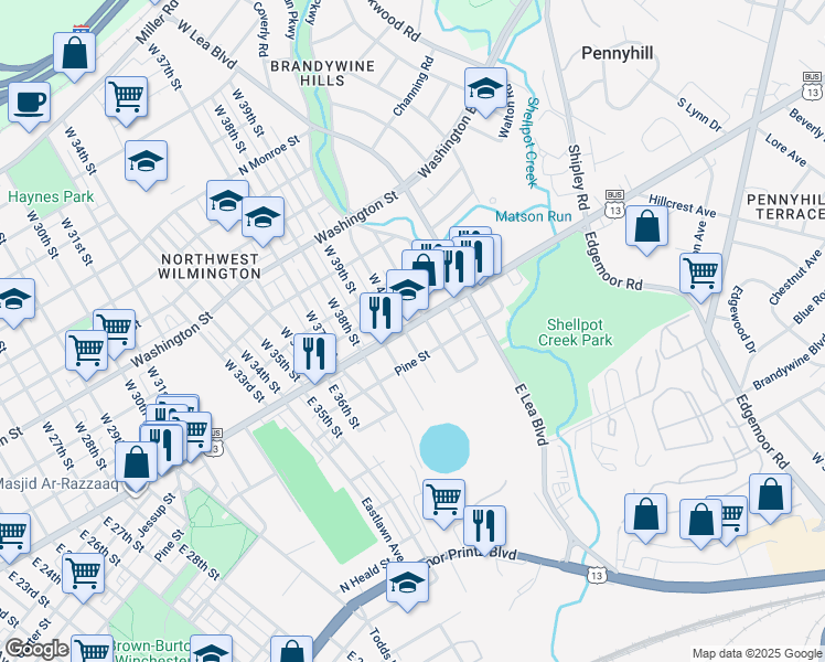 map of restaurants, bars, coffee shops, grocery stores, and more near 4104 North Market Street in Wilmington