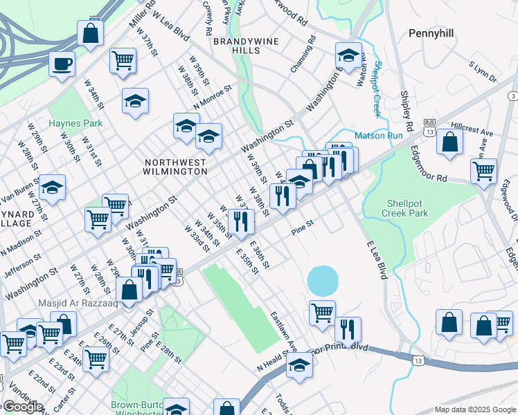 map of restaurants, bars, coffee shops, grocery stores, and more near 19 West 38th Street in Wilmington
