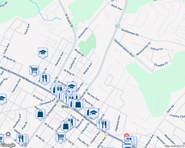 map of restaurants, bars, coffee shops, grocery stores, and more near 213 Crown Court in Waynesboro