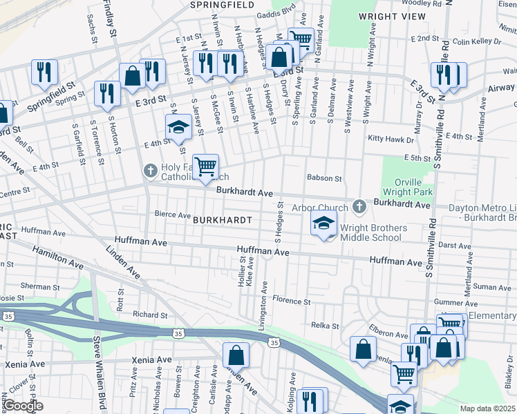 map of restaurants, bars, coffee shops, grocery stores, and more near 408 Burkhardt Avenue in Dayton