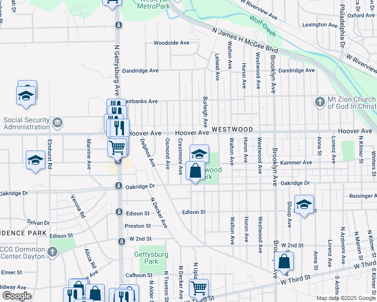 map of restaurants, bars, coffee shops, grocery stores, and more near 733 North Upland Avenue in Dayton