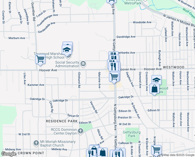 map of restaurants, bars, coffee shops, grocery stores, and more near 4115 Vina Villa Avenue in Dayton