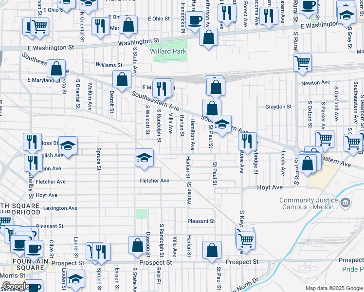map of restaurants, bars, coffee shops, grocery stores, and more near 414 Harlan Street in Indianapolis