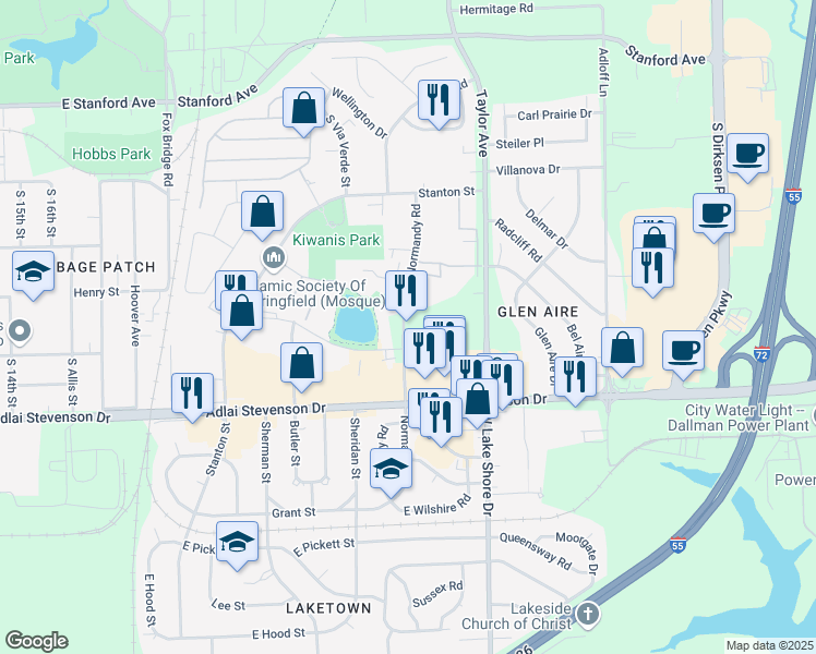 map of restaurants, bars, coffee shops, grocery stores, and more near 3086 Normandy Road in Springfield