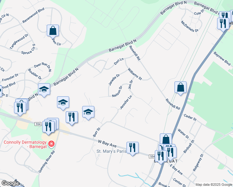 map of restaurants, bars, coffee shops, grocery stores, and more near 16 Nelson Drive in Barnegat Township
