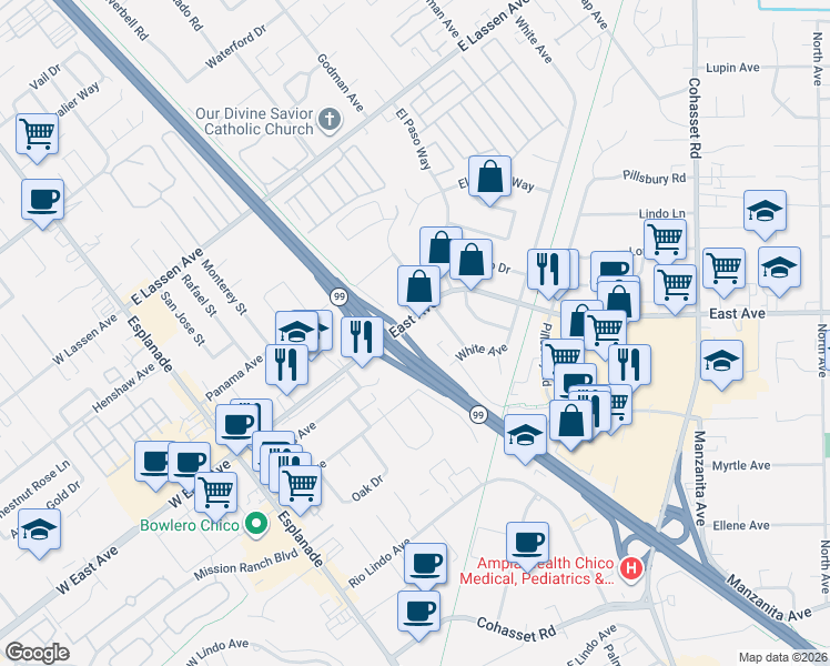 map of restaurants, bars, coffee shops, grocery stores, and more near 479 East Avenue in Chico