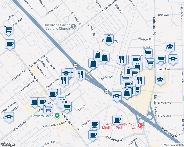 map of restaurants, bars, coffee shops, grocery stores, and more near 479 East Avenue in Chico