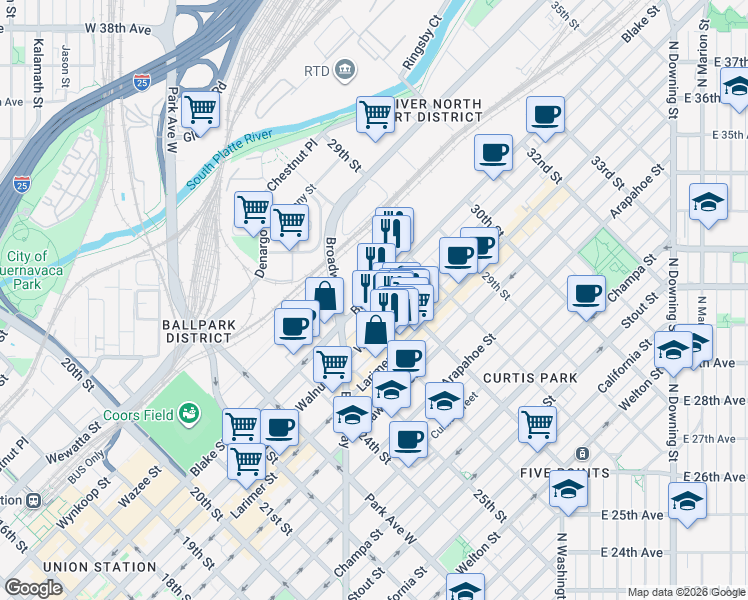map of restaurants, bars, coffee shops, grocery stores, and more near 10 Blake Street in Denver