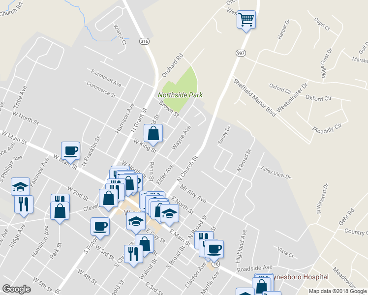 map of restaurants, bars, coffee shops, grocery stores, and more near 226 Crown Court in Waynesboro