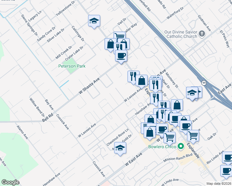 map of restaurants, bars, coffee shops, grocery stores, and more near 2840 Clark Way in Chico