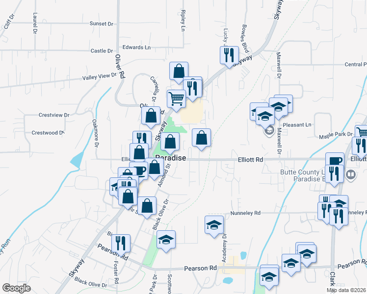map of restaurants, bars, coffee shops, grocery stores, and more near 771 Elliott Road in Paradise