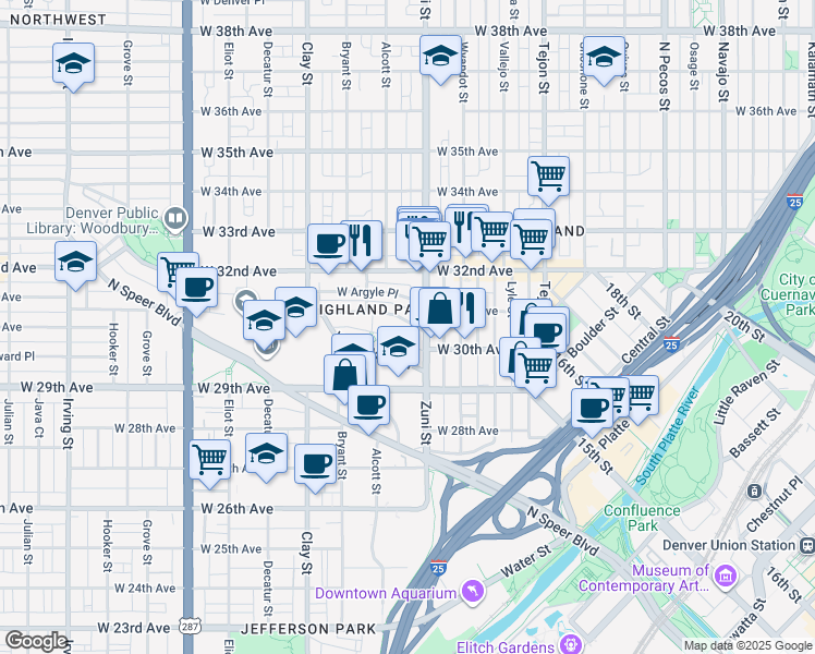map of restaurants, bars, coffee shops, grocery stores, and more near 2424 West Caithness Place in Denver
