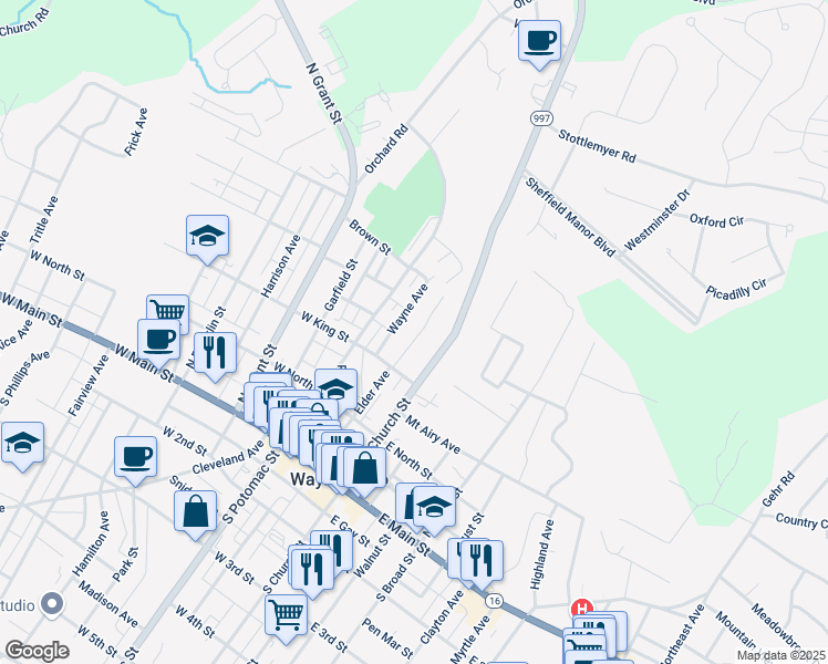map of restaurants, bars, coffee shops, grocery stores, and more near 228 Crown Court in Waynesboro