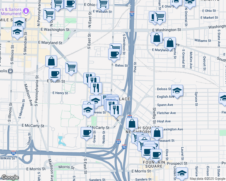 map of restaurants, bars, coffee shops, grocery stores, and more near 735 Fletcher Avenue in Indianapolis