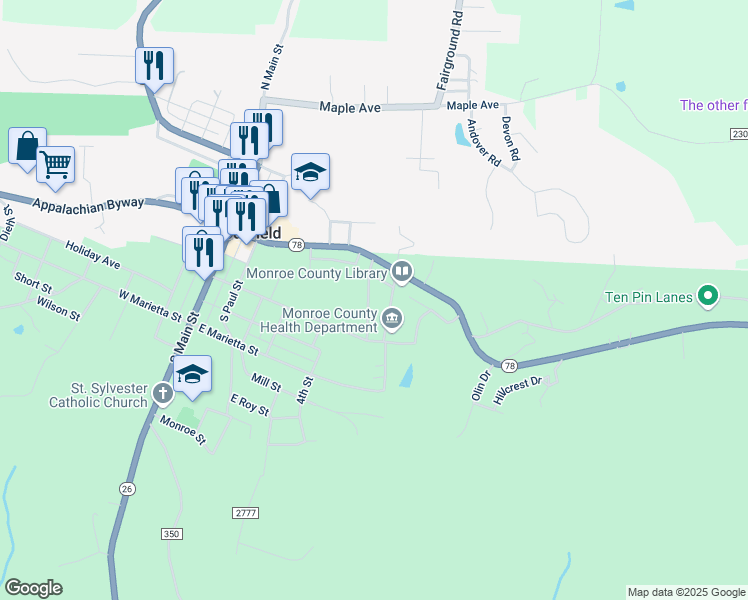 map of restaurants, bars, coffee shops, grocery stores, and more near 106 Young Street in Woodsfield