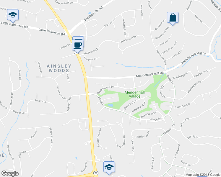 map of restaurants, bars, coffee shops, grocery stores, and more near 16 Quail Hollow Drive in Hockessin