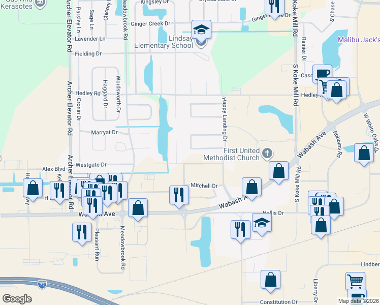 map of restaurants, bars, coffee shops, grocery stores, and more near 3564 Fernwood Drive in Springfield