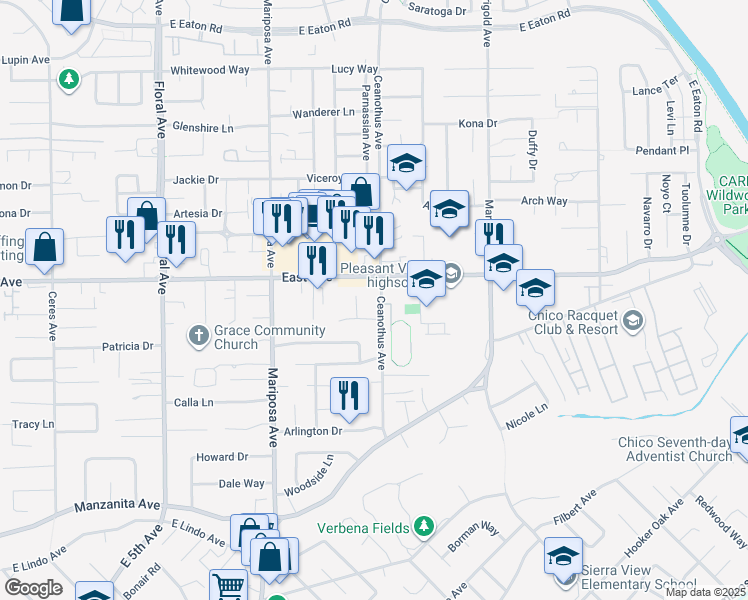 map of restaurants, bars, coffee shops, grocery stores, and more near 2423 Ceanothus Avenue in Chico