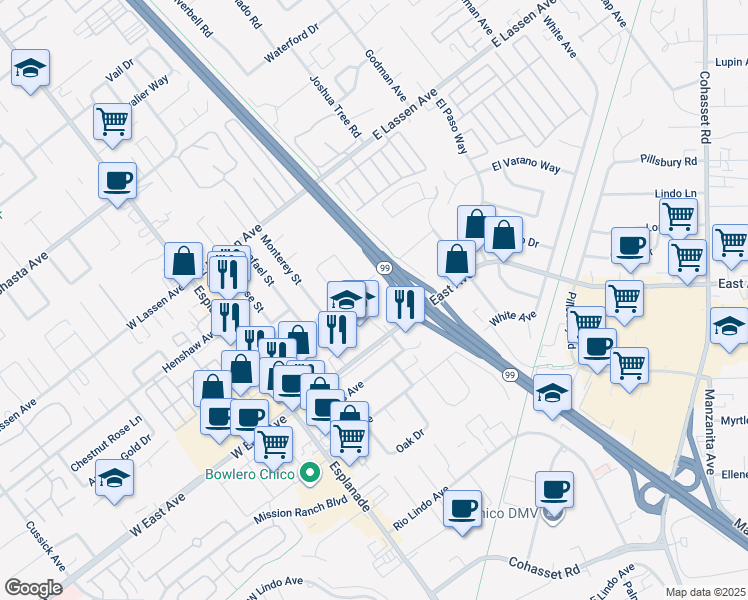 map of restaurants, bars, coffee shops, grocery stores, and more near 360 Panama Avenue in Chico