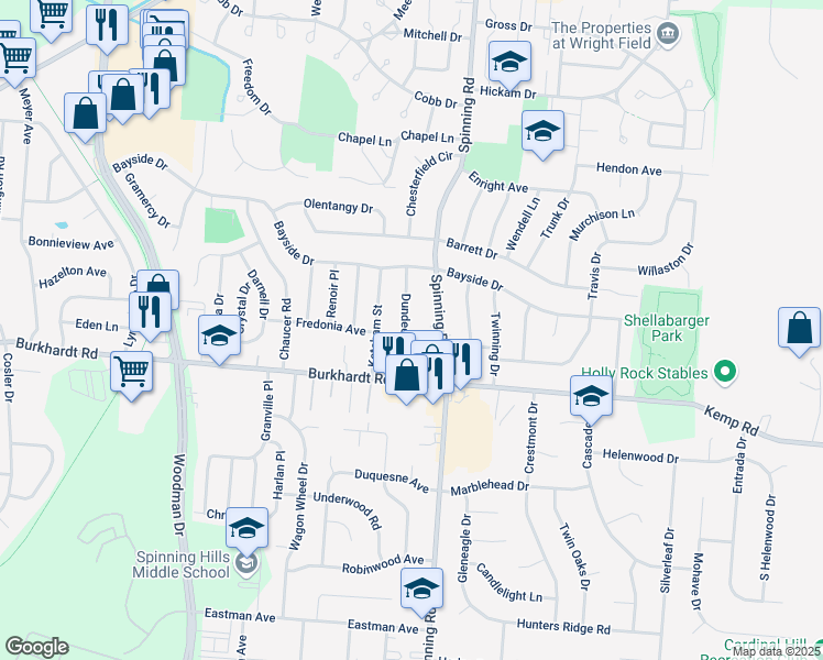 map of restaurants, bars, coffee shops, grocery stores, and more near 480 Dundee Circle in Dayton