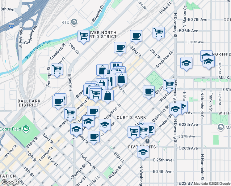 map of restaurants, bars, coffee shops, grocery stores, and more near 2828 Larimer Street in Denver